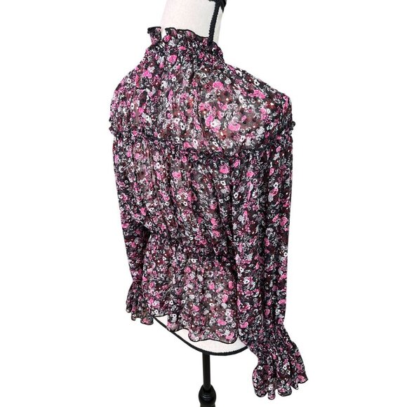 Zara Sheer Floral Smocked Ruffle Blouse Black Pink Puff Sleeve Top Sz Small - Picture 4 of 7